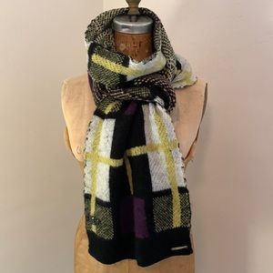 Brushed soft faux mohair plaid knit scarf in of black, ivory, plum, chartreuse.